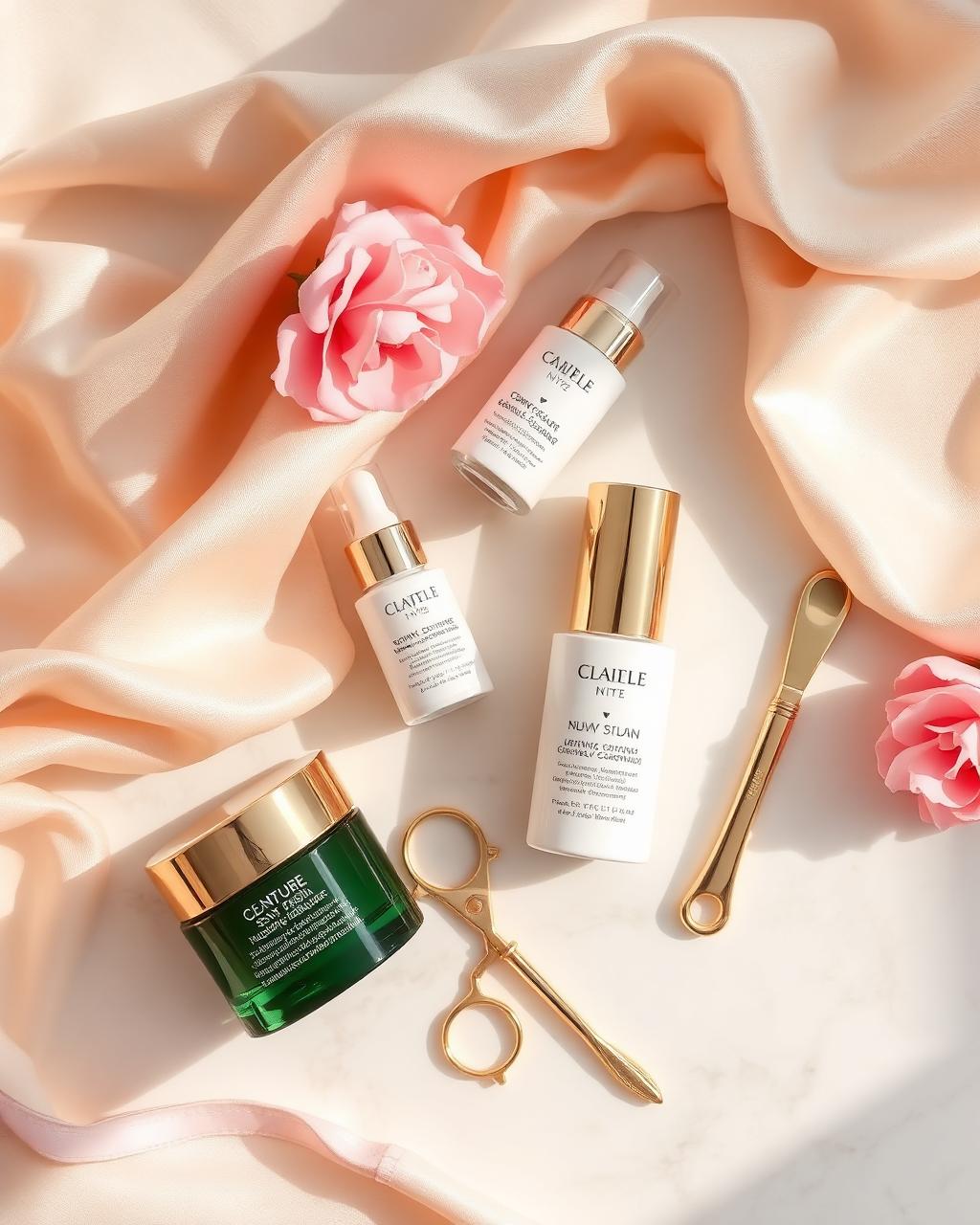 Flat lay di prodotti skincare luxury