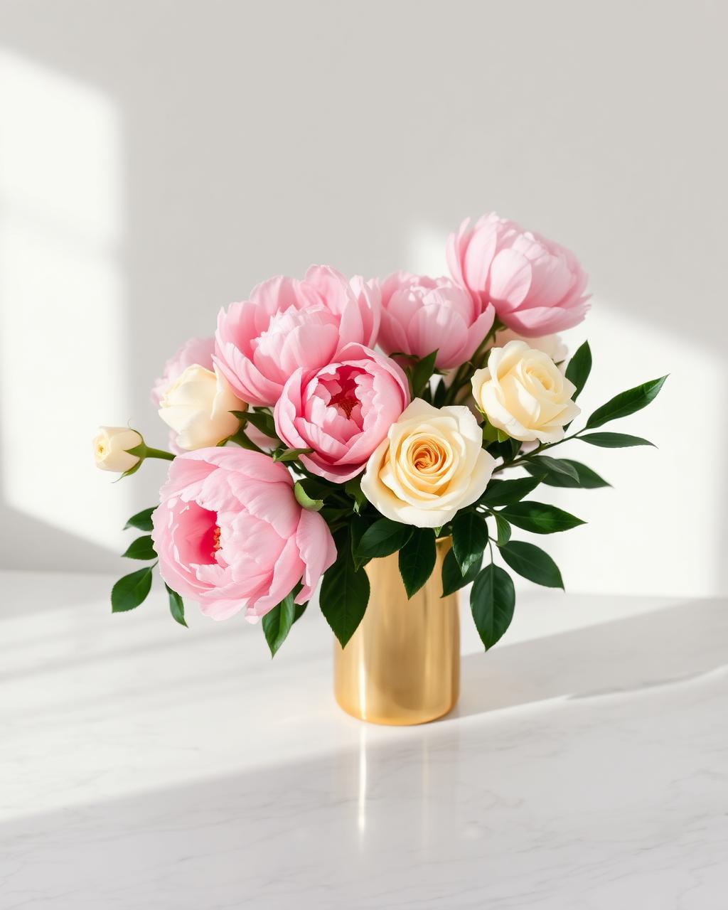 Composizione di rose e peonie in vaso dorato