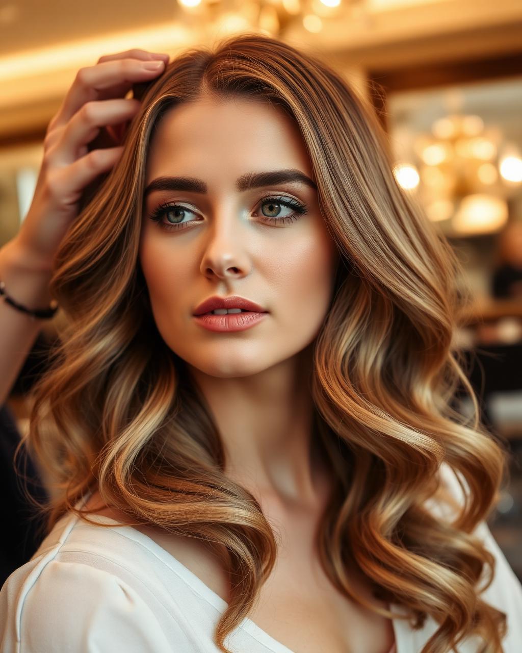 Modella con capelli ondulati luminosi